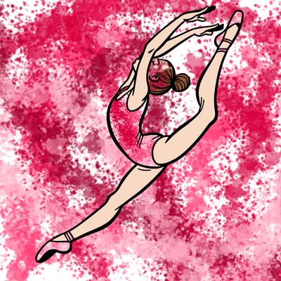 gymnast doing a leap in a leotard with a bent back leg