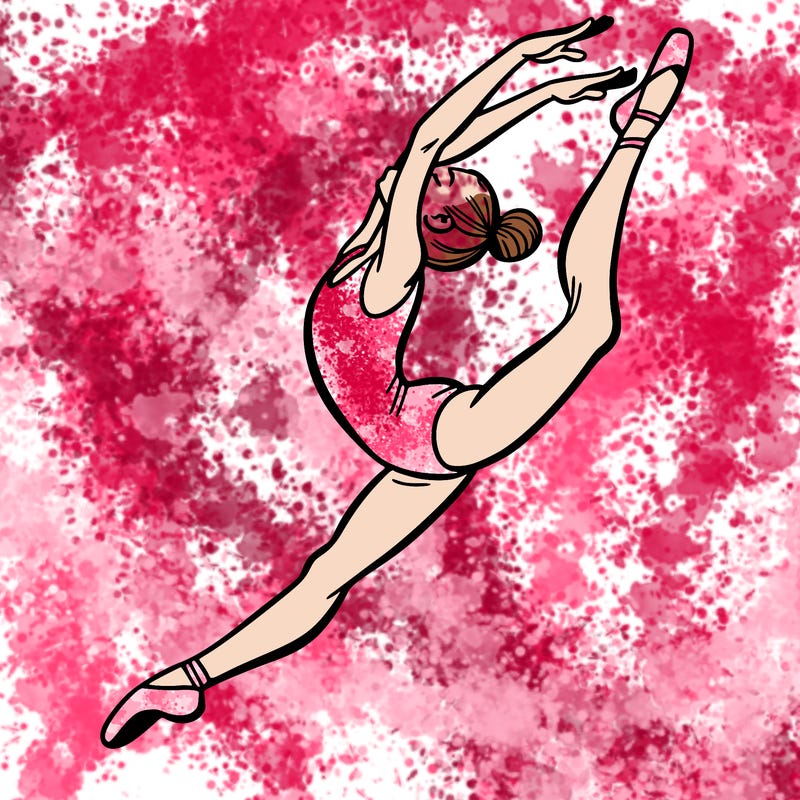 gymnast doing a leap in a leotard with a bent back leg