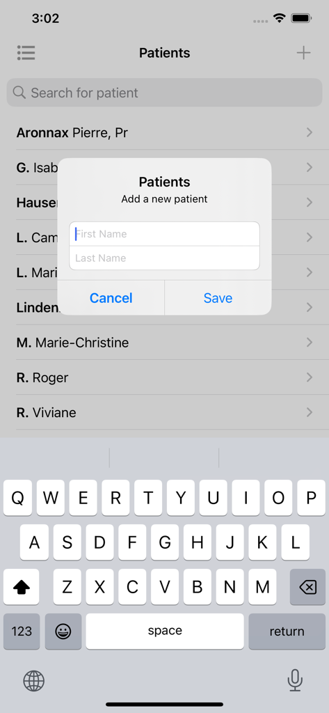 The Boger app patient management screen featuring a pop-up form to add a new patient's first and last name.