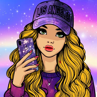 realistic beautiful girl wearing los ángeles cap holding an iphone