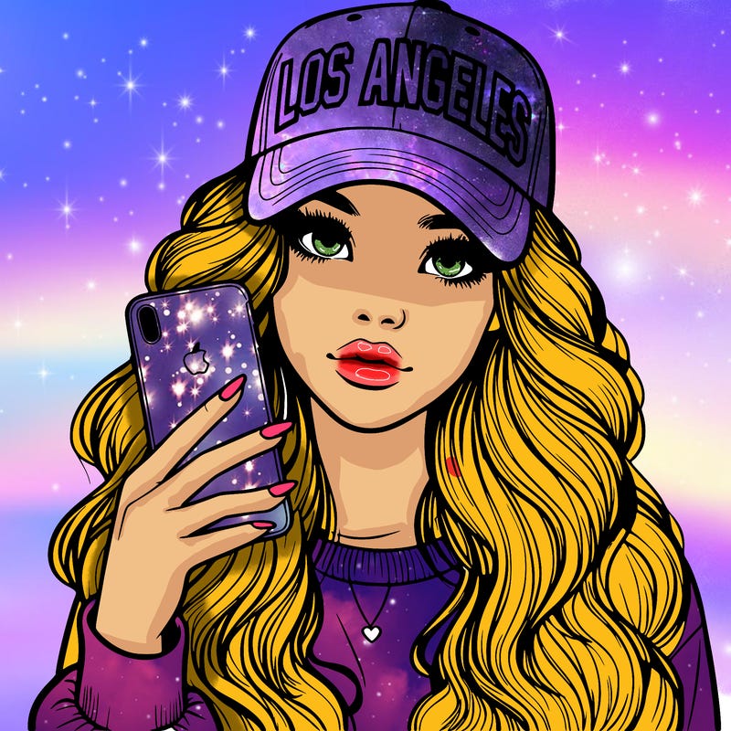 realistic beautiful girl wearing los ángeles cap holding an iphone
