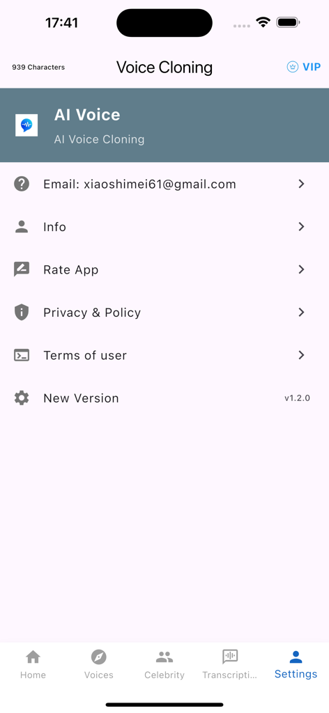 Interfaz de configuración de la aplicación Generador de Voz AI Clonación de Voz que muestra opciones de usuario e información de cuenta.