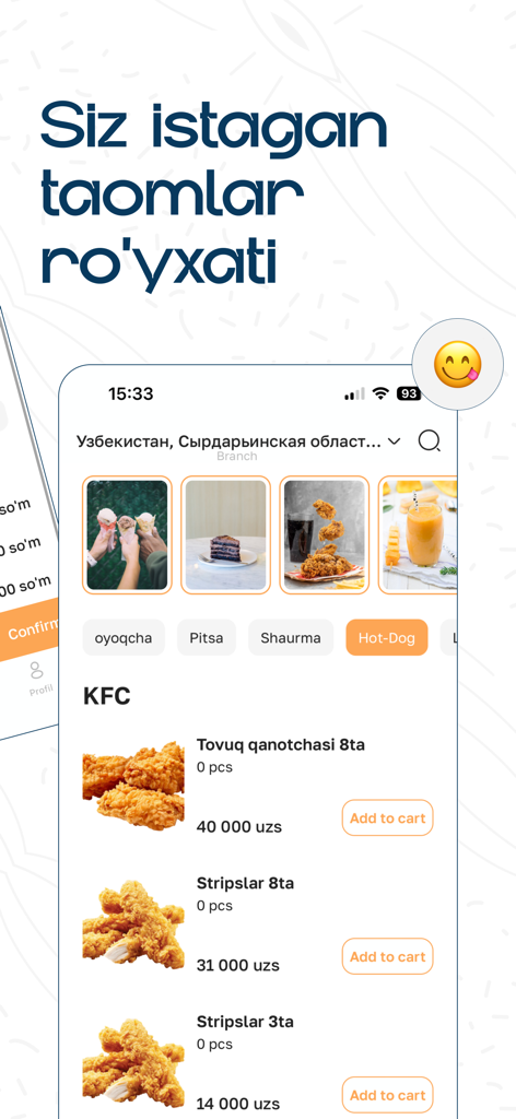 Yewoo app interface showing a list of KFC chicken dishes with prices in Uzbek.
