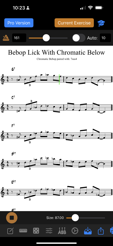 Tessitura Pro Scales - Notación musical de un ejercicio de lick bebop de jazz en la aplicación Tessitura Pro Scales