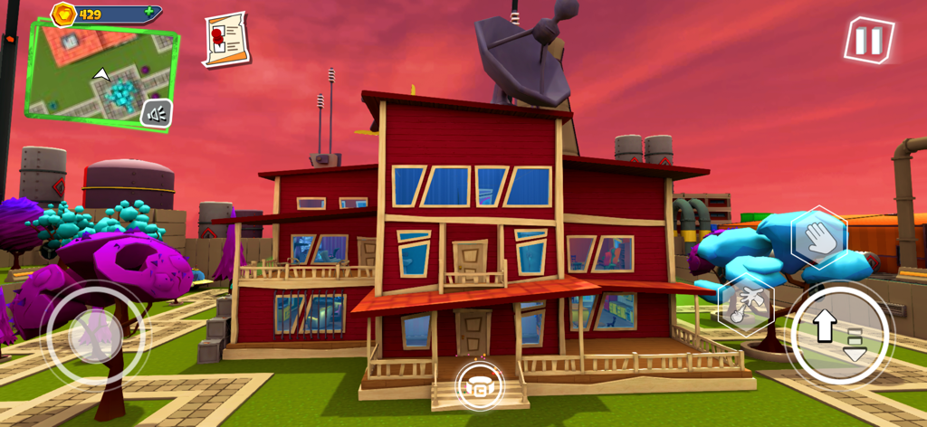 Vista del juego en primera persona de la casa roja del vecino en Dark Riddle 2 Mars