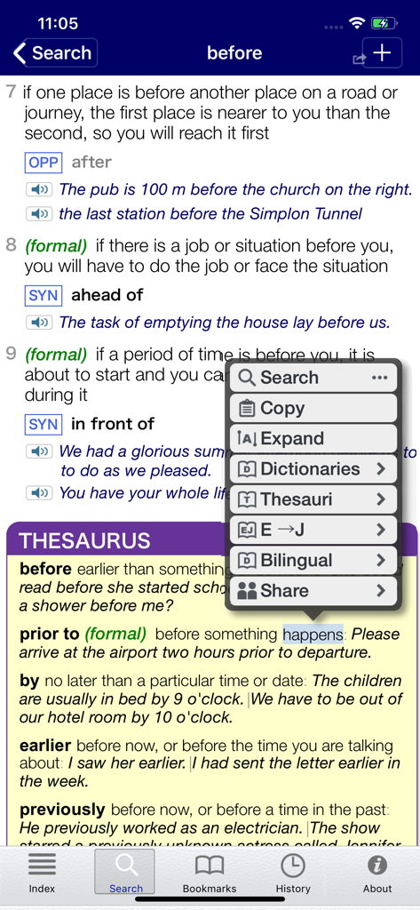 LDOCE - LDOCE dictionary app interface showing a word definition with synonyms and a context menu