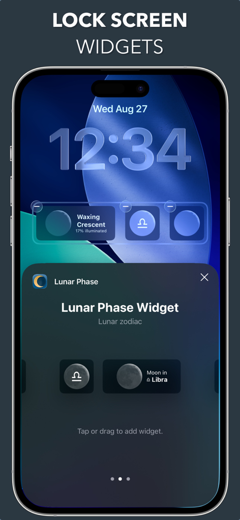 Lunar - Moon Phase & Widget - ミニマリストなデザインで月相と星座のウィジェットを表示するiPhoneのロック画面
