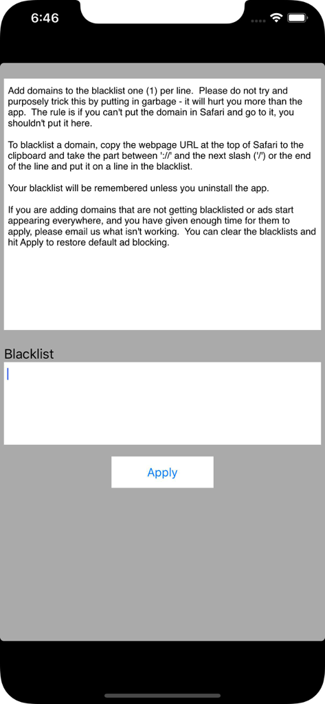 Porn And Stuff Blocker - Captura de tela da tela de configuração da lista de bloqueio de domínio personalizado no aplicativo Bloqueador de Pornografia e Conteúdo Indevido