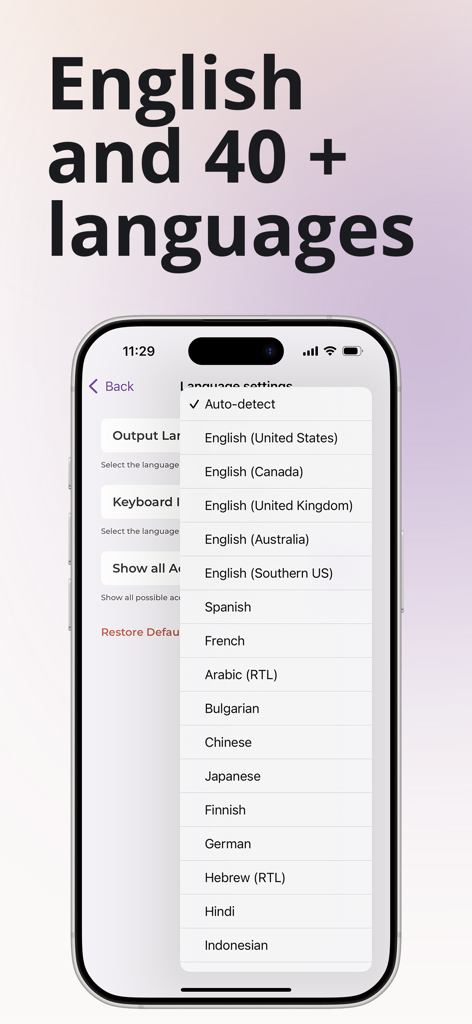 ParagraphAI mobile app interface showing language settings for English and over 40 other languages