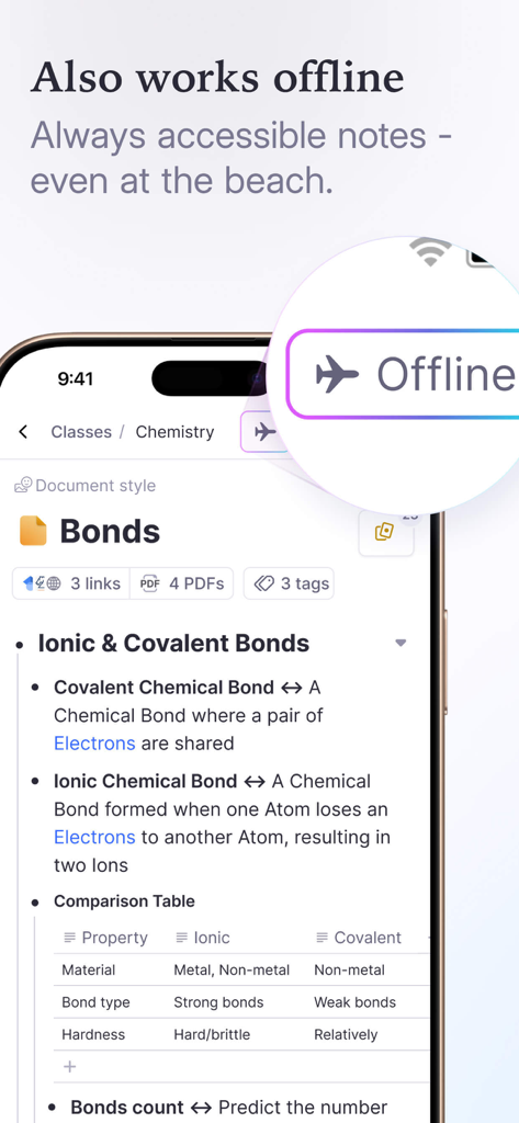 RemNote app chemistry notes shown with offline mode indicator on a smartphone