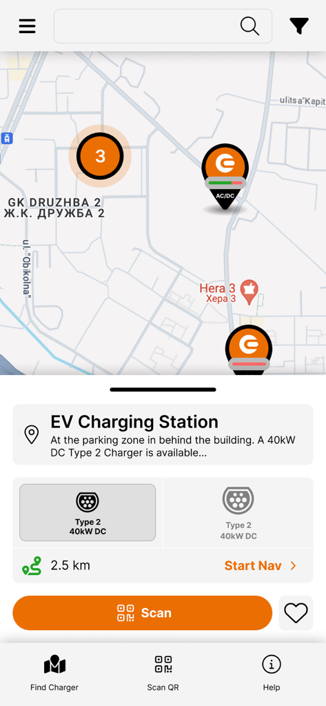 Map interface of Electrocharge app showing locations and details of electric vehicle charging stations