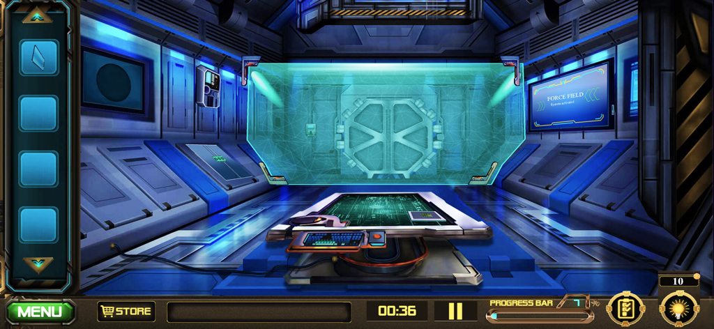 Escape Mystery - Alien Impact - A futuristic space station room with a blue force field and digital control panels in a point and click escape game.