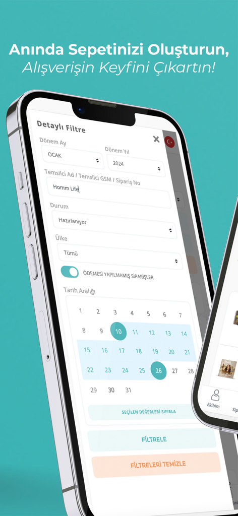 Homm Life app detailed filter screen for managing orders and business data
