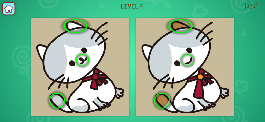 Rompecabezas de "Encuentra las diferencias" con un lindo gato de dibujos animados para niños pequeños en la aplicación Gallinas Felices.