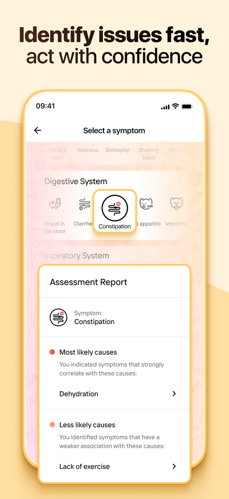 Screenshot of the Dosty app symptom checker interface showing a health assessment report for a pet.
