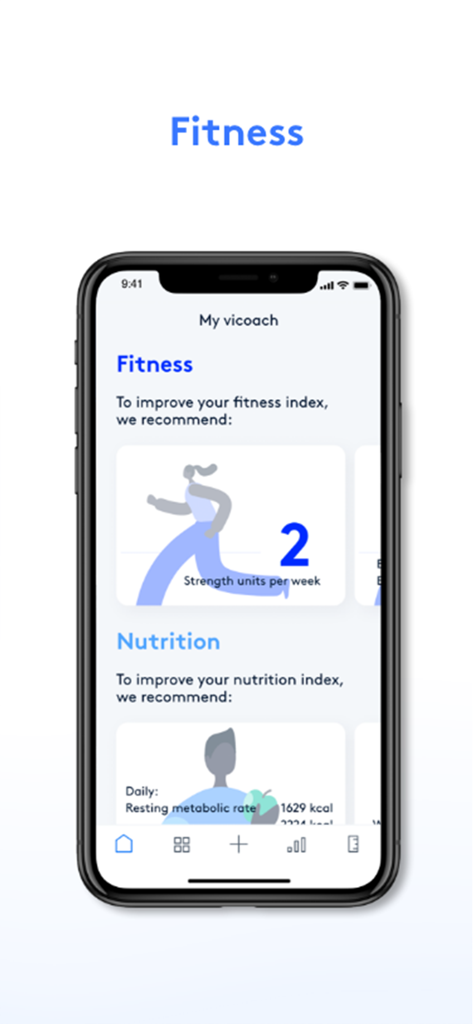 vicoach-App-Dashboard mit personalisierten Fitness- und Ernährungsempfehlungen