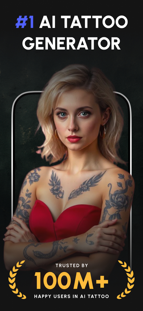 AI Tattoo Design - AI Ink - La aplicación AI Tattoo Generator mostrando a una mujer con tatuajes florales blackwork en sus brazos y pecho