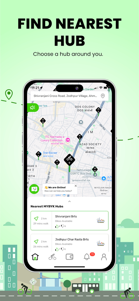 MYBYK - Pedal & EBike Rental - MYBYKモバイルアプリのインターフェース。近くの自転車レンタルハブと利用可能な自転車の地図を表示しています。