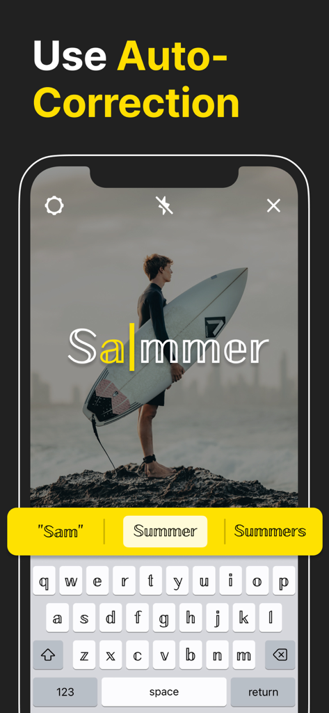 Teclado de fontes personalizadas para iPhone demonstrando o recurso de autocorreção.