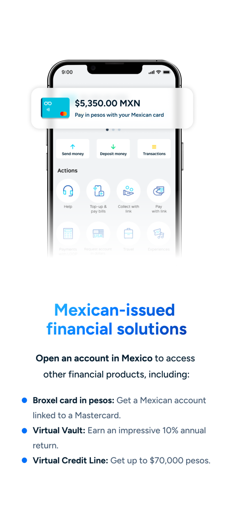 Broxel - Interfaz de la aplicación Broxel mostrando soluciones financieras mexicanas que incluyen una tarjeta en pesos, bóveda virtual con retorno del diez por ciento y línea de crédito virtual.