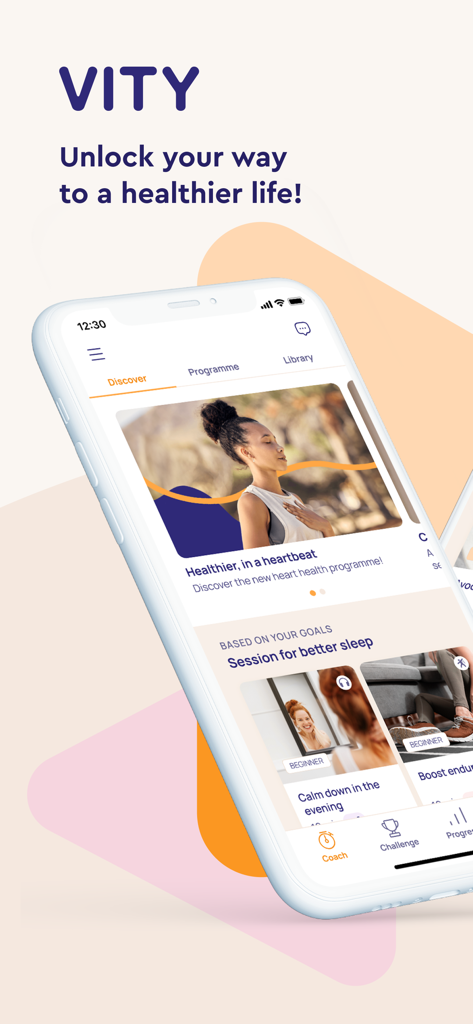 Vity - Vity app smartphone screen showing the discover tab with personalized health and sleep programs