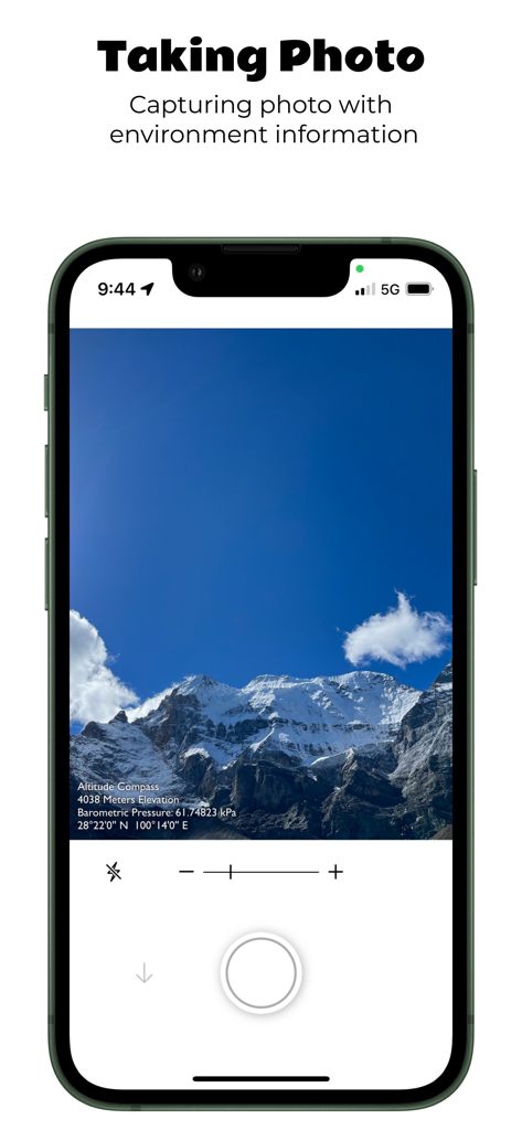 Altitude Compass - Altitude Compass app capturing a photo of a mountain with elevation and location watermarks