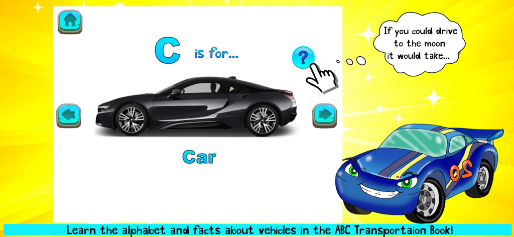 Things That Go! Vehicle Games - Educational alphabet book screen showing a car for the letter C with an interactive vehicle fact