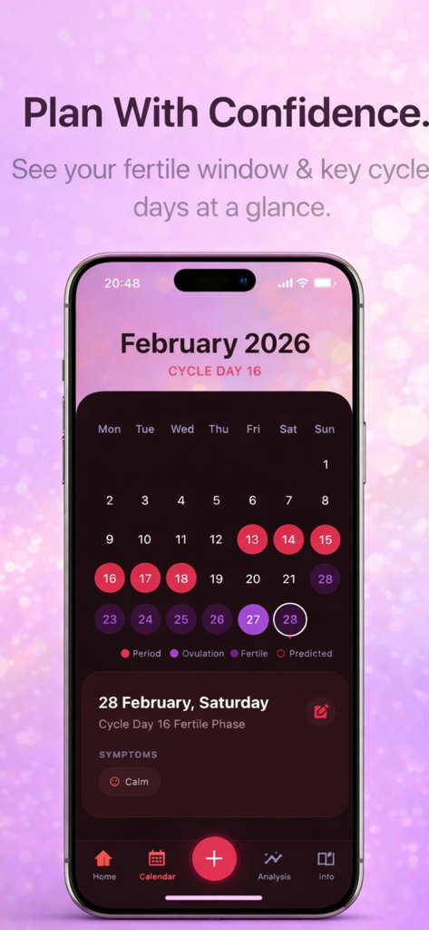 HerPhase – Period Tracker - Calendario del ciclo menstrual de la aplicación HerPhase que muestra predicciones del período y de la ventana fértil