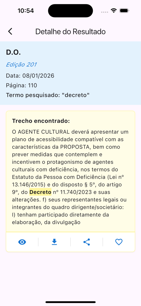 Diário Oficial PCRJ - Vista detallada de un resultado de búsqueda en la aplicación Diario Oficial PCRJ mostrando un extracto de un decreto oficial.
