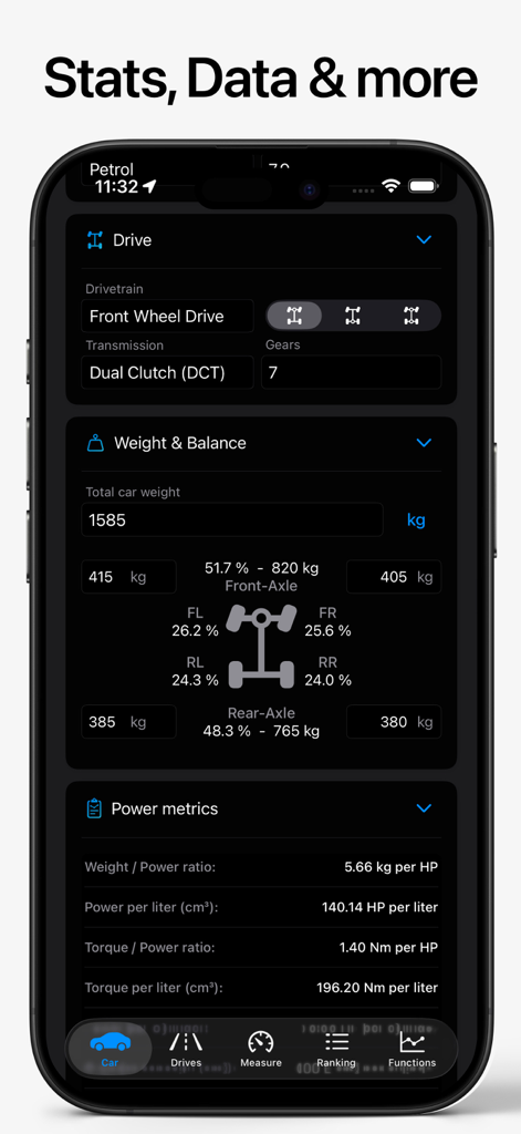 SpeedGPS - Drive & Measure - Painel mostrando especificações de transmissão do veículo, distribuição de peso e métricas de potência no aplicativo SpeedGPS
