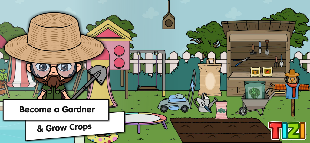 A cartoon character dressed as a gardener in a backyard with gardening tools and a playground