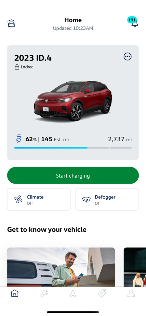 myVW - Home screen of the myVW app displaying vehicle status and remote charging controls for a red Volkswagen ID.4