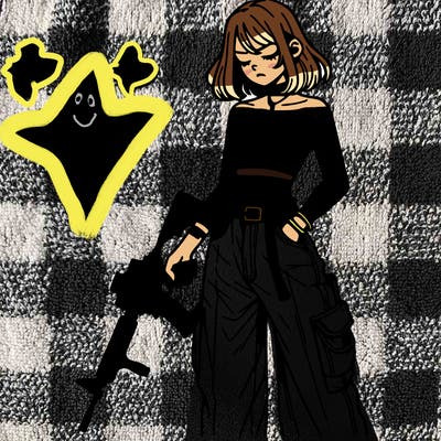 a dangerous girlcrop top and baggy jeans with a rifle in her hand