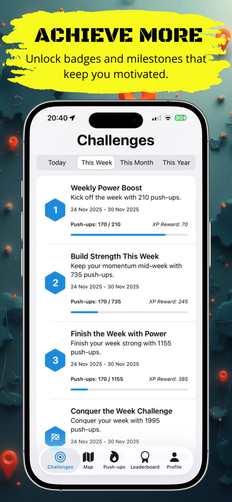 Interfaz de desafíos semanales de la aplicación Push Up Legends que muestra objetivos de flexiones y recompensas de XP.