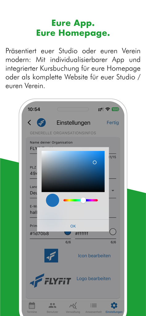 SPORTMEO Kursverwaltung & mehr - SPORTMEO mobile app interface for customizing studio branding and colors