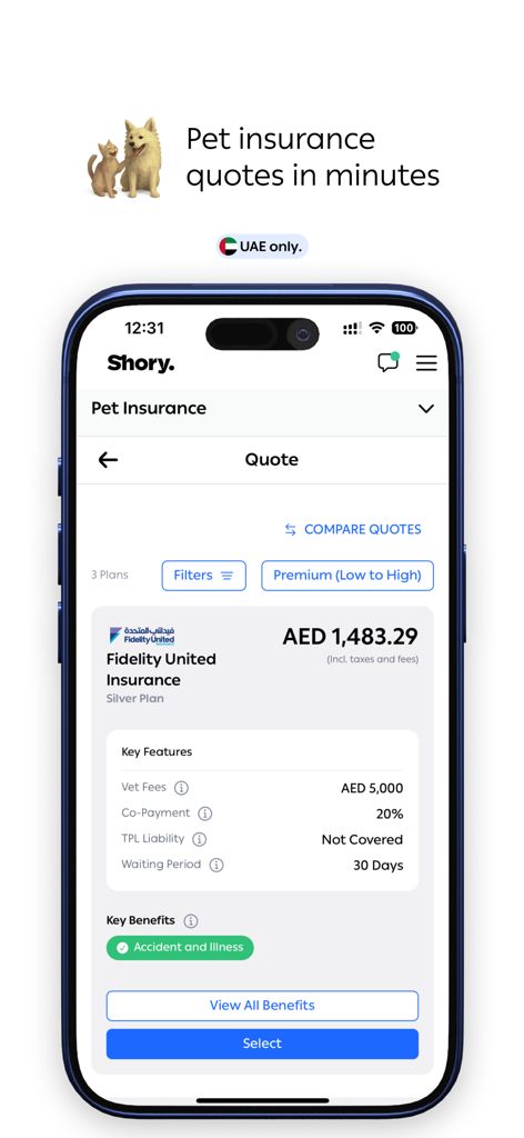 Shory Insurance | شوري - Interfaz de la aplicación móvil Shory mostrando una cotización de seguro de mascotas con características y precios del plan