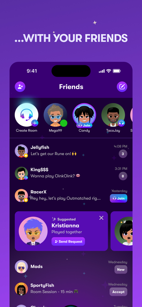Interface de l'application Rune montrant une liste d'amis avec des avatars et des invitations à jouer