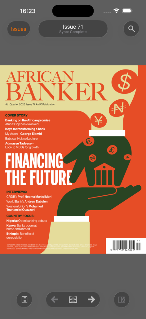 African Banker - Digital cover of African Banker magazine Issue 71 featuring the headline Financing the Future with illustrations of hands and global currency symbols.