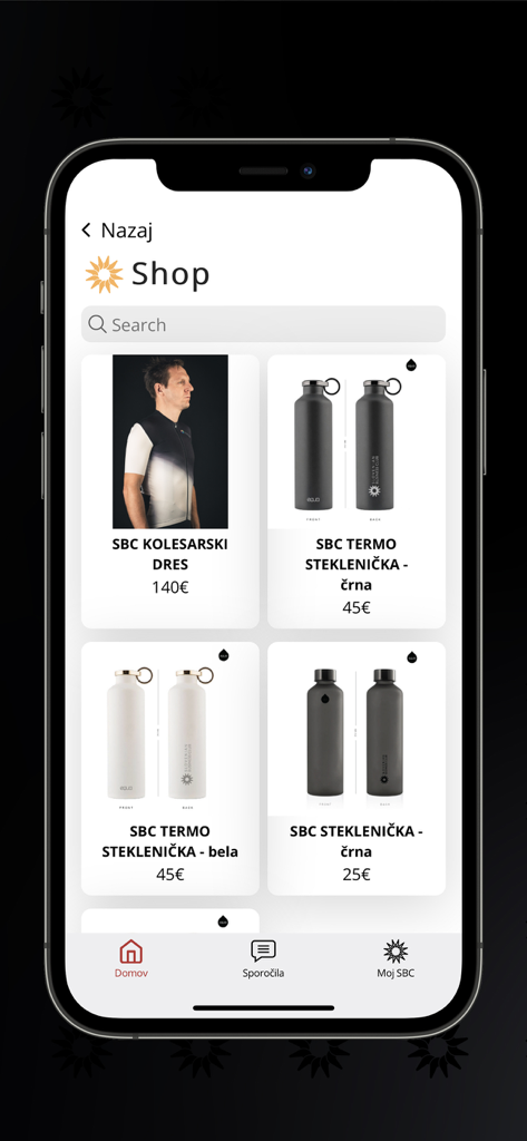 SBCA - Interfaz de la tienda de la aplicación SBCA que muestra equipo de ciclismo y botellas de agua de marca