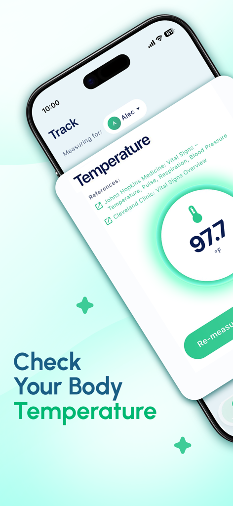 Body Temperature App Fever - Interface of the Body Temperature App Fever showing a temperature reading and health tracking dashboard