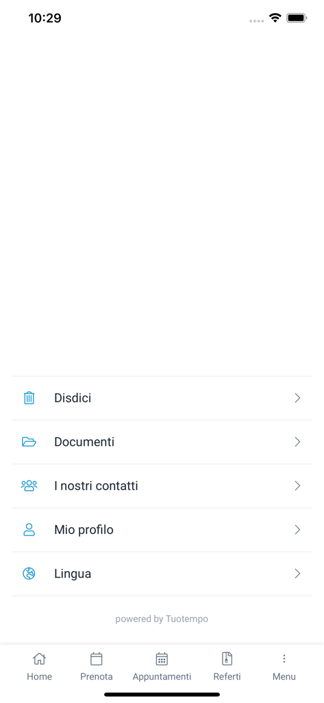 Écran de menu de l'application de santé MY GVM montrant les options de profil et de documents