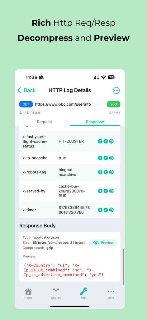 MintFlow NetStack - HTTP log details screen showing response headers and a JSON preview for a web request