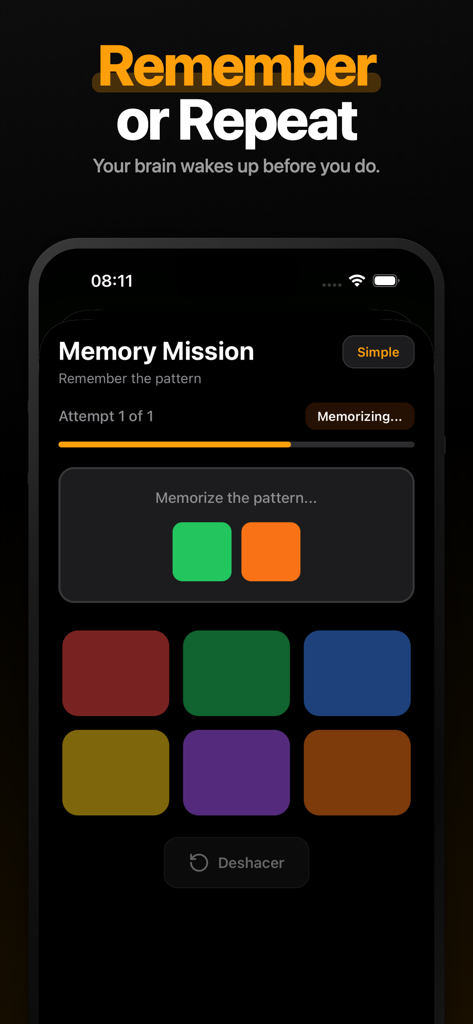 WakeNow: Loud Alarm Clock - Memory mission screen in the WakeNow alarm clock app showing a color pattern challenge to wake up the brain.