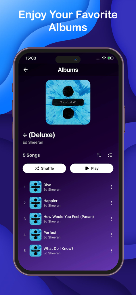 Offline Music Player: Sonix - Interfaz del reproductor de música Sonix que muestra una lista de pistas de álbumes con botones de aleatorio y reproducción