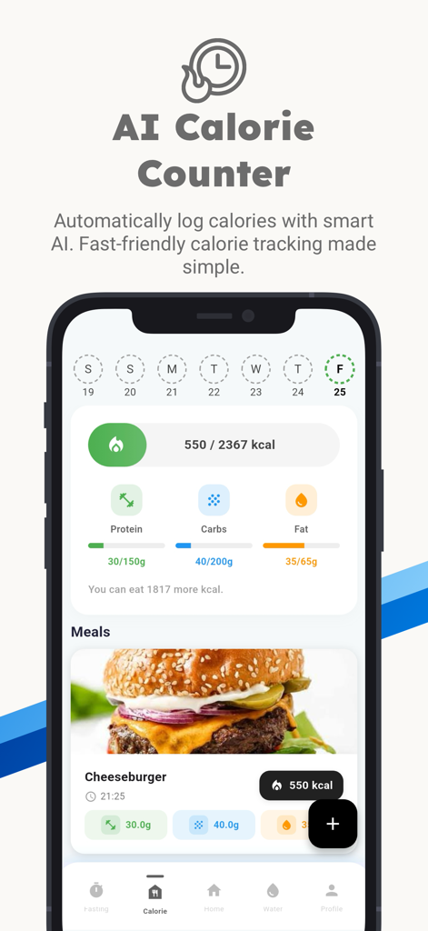 FastUp: Ai Calorie Tracker - FastUp app interface showing AI calorie counter with macro tracking and meal logging