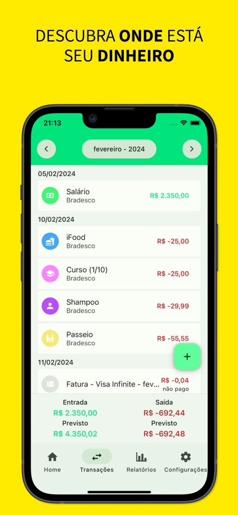 Cadê meu dinheiro? - A mobile app screen showing a detailed list of income and expenses for monthly budget tracking.