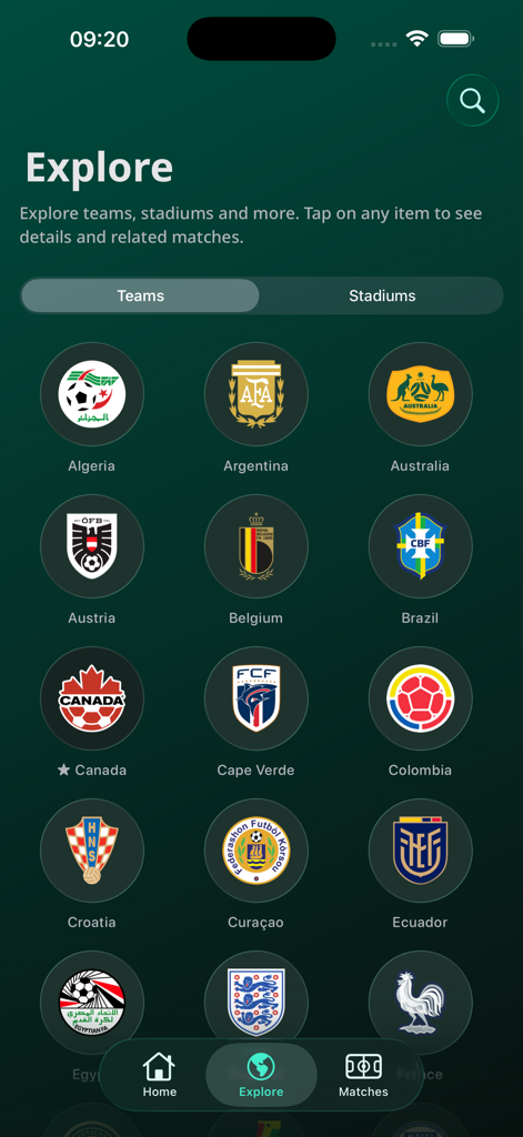 Trivela - Cup Guide 2026 - 트리벨라 앱의 팀 탐색 화면. 국가 축구팀 로고 그리드가 표시됩니다.