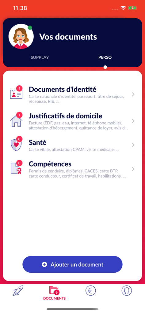 Supplayer - Personal document management interface in the Supplayer app showing categories for identity residence health and skills documents
