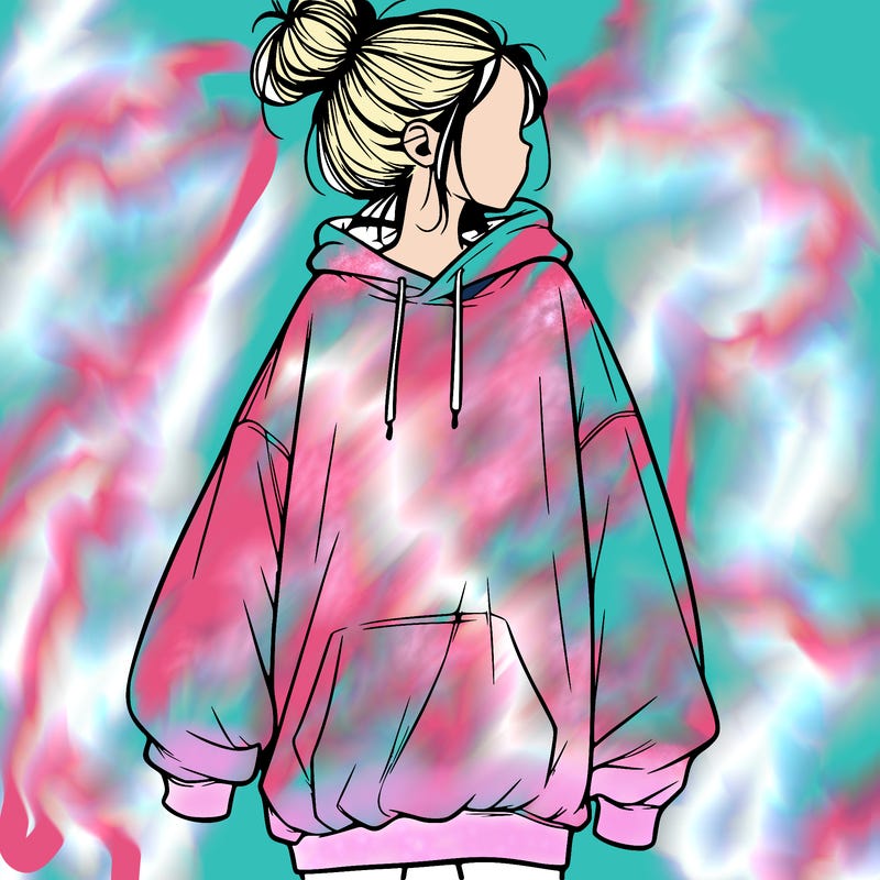 realistic girl with a oversized sweatshirt on and a bun
