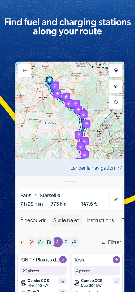 ViaMichelin app interface displaying a route from Paris to Marseille with electric vehicle charging stations along the path.